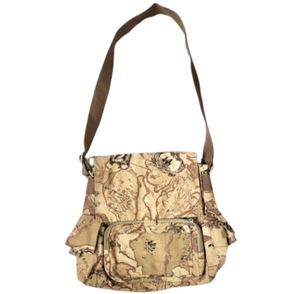 PRESTON & YORK Vintage 90's Brown & Tan Map Army Messenger Travel Tote Bag